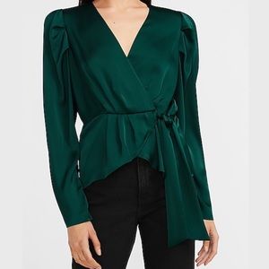 Express Green Satin Pleated Sleeve Wrap Front Bow Top